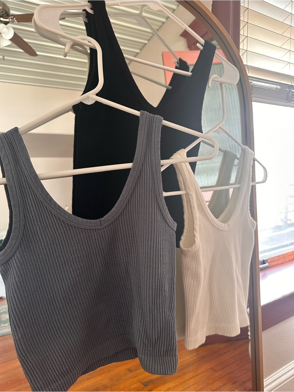 Ribbed, Slightly Cropped Scoop Neck Tank Tops - Black, Gray/Blue, White